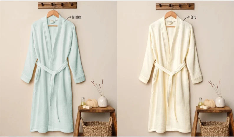 Powder Muslin Pocket Kimono, Muslin Bathrobe, Kimono Muslin Bathrobe, Soft Bathrobe