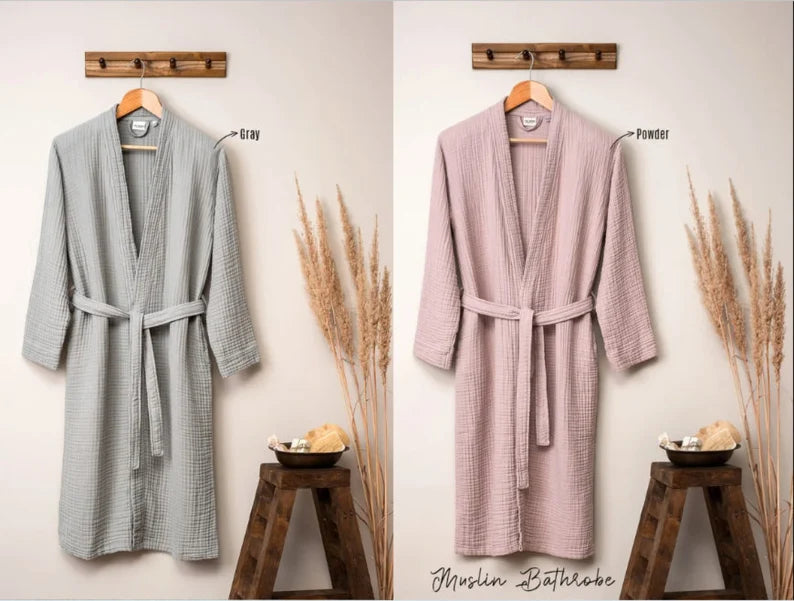 Powder Muslin Pocket Kimono, Muslin Bathrobe, Kimono Muslin Bathrobe, Soft Bathrobe