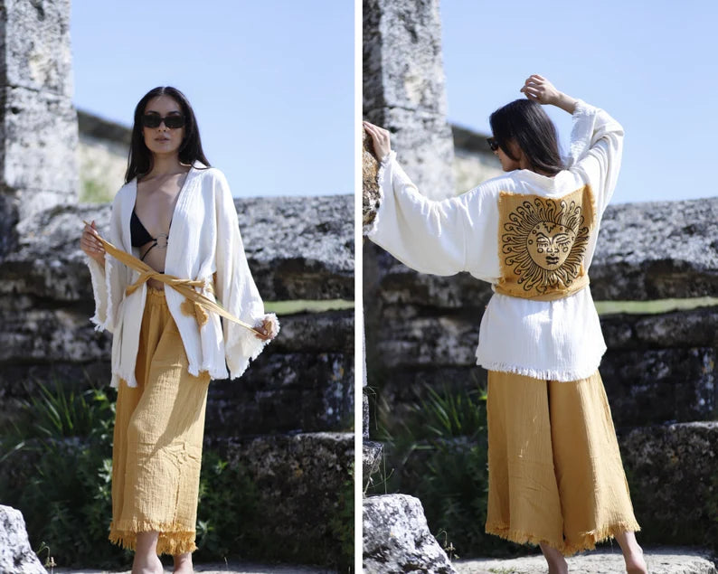 Muslin Kimono Jacket, Beach Robe , Short Kimono or Pants Set, Bridesmaid Dress, Dressing Gown