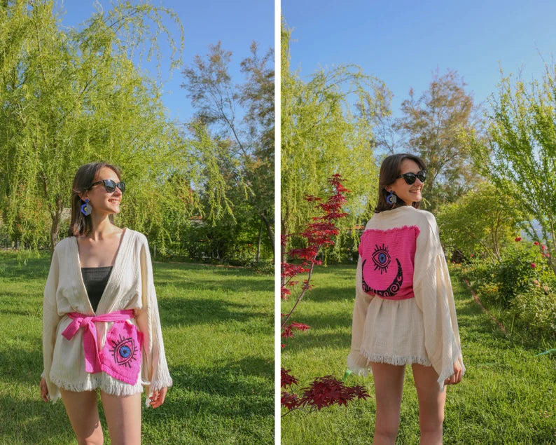 Muslin Kimono Jacket, Beach Robe , Short Kimono or Pants Set, Bridesmaid Dress, Dressing Gown