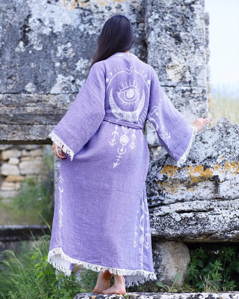 Organic Fringes Muslin Kimono, Cotton Robe, Soft Bathrobe