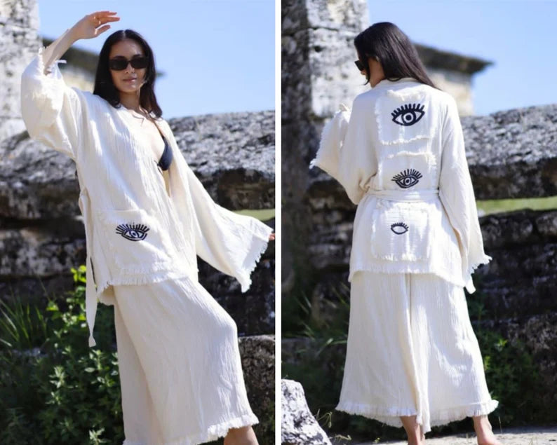 Muslin Kimono Jacket, Beach Robe , Short Kimono or Pants Set, Bridesmaid Dress, Dressing Gown