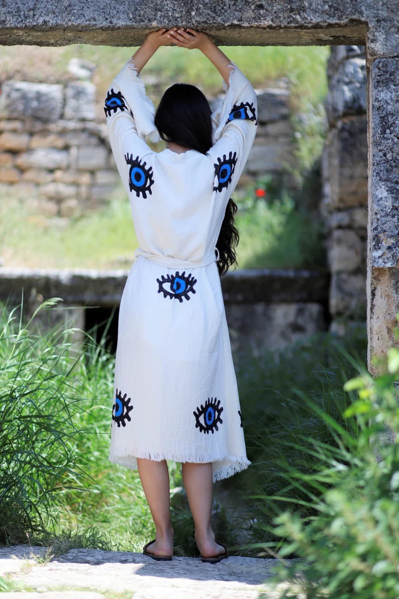 Organic Evil Eye Cotton Robe, Fringes Muslin Kimono, , Cotton Kaftan, Muslin Robe, Stone Printed Robe