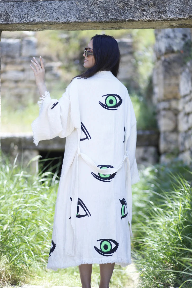 Organic Evil Eye Cotton Robe, Fringes Muslin Kimono, , Cotton Kaftan, Muslin Robe, Stone Printed Robe