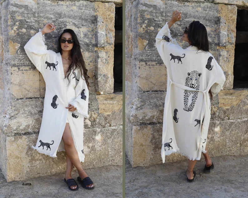 Organic Leopard Robe, Beach Kimono, Cotton Kaftan, Turkish Bathrobe