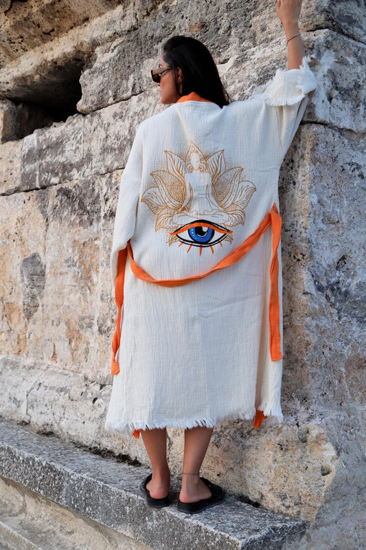 Muslin Yoga Robe, Evil Eye Cotton Robe, Cotton Kaftan, Boho Robe