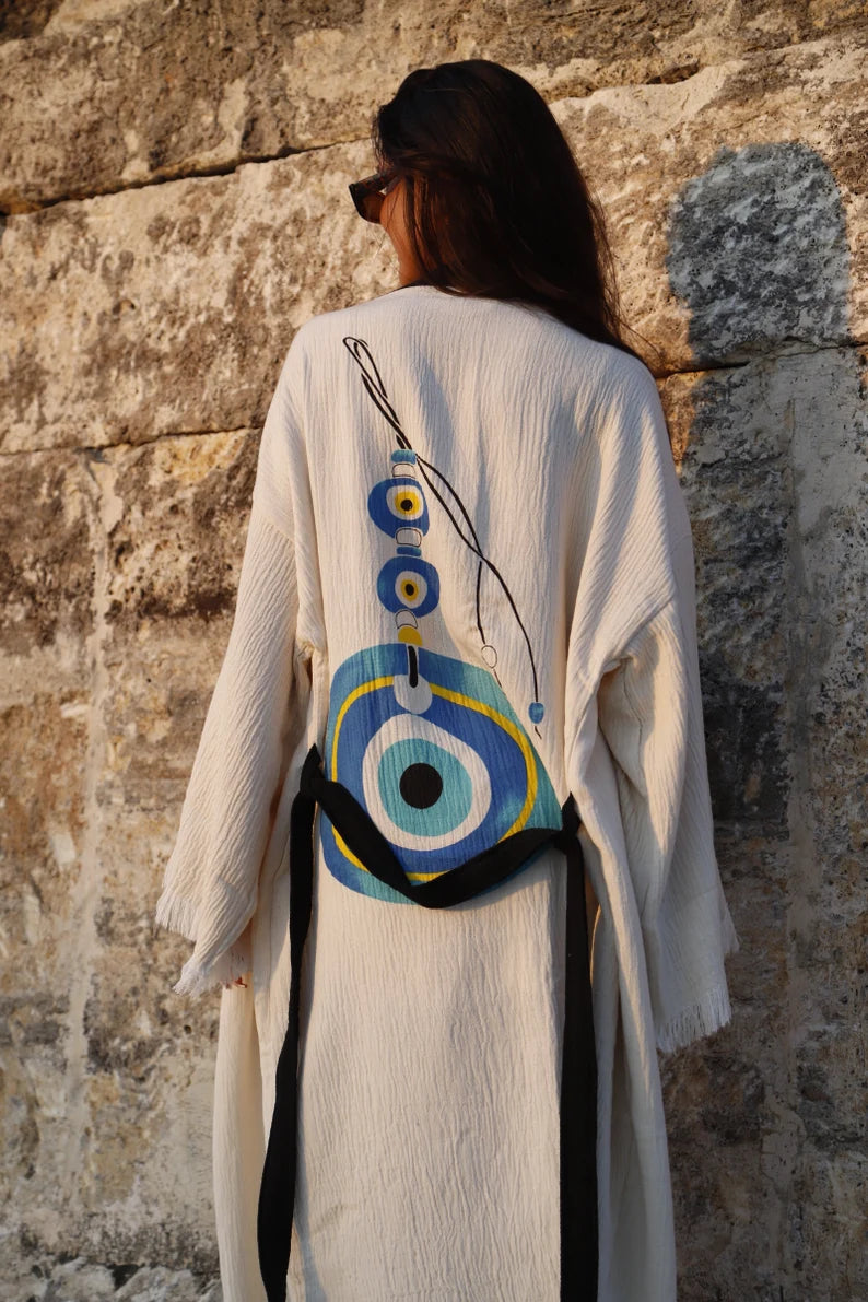 Muslin Yoga Robe, Evil Eye Cotton Robe, Cotton Kaftan, Boho Robe