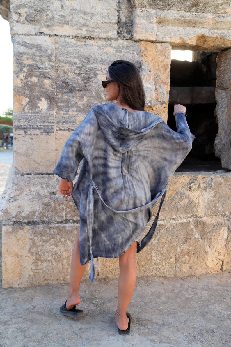 Unique Hooded Batik Muslin Organic Cotton Robe, Kimono Musselin Bathrobe, Beach Robe