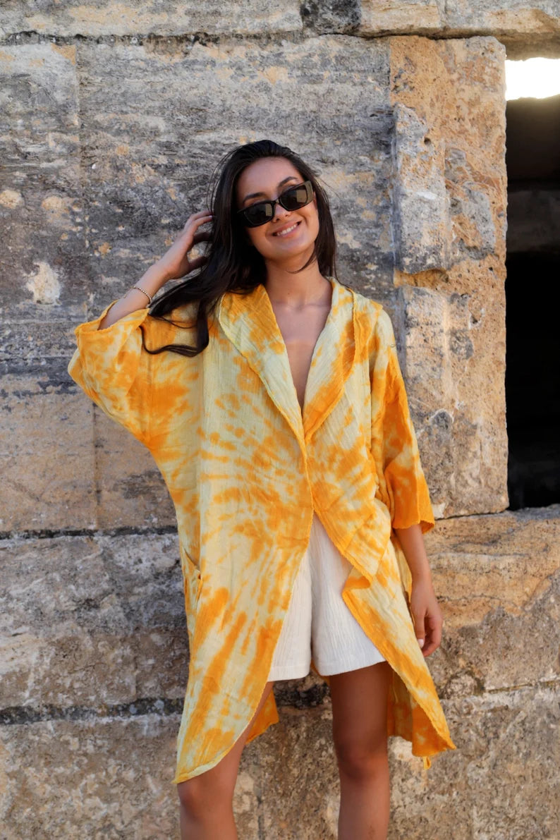 Unique Hooded Batik Muslin Organic Cotton Robe, Kimono Musselin Bathrobe, Beach Robe