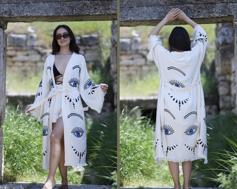 Organic Evil Eye Cotton Robe, Fringes Muslin Kimono, , Cotton Kaftan, Muslin Robe, Stone Printed Robe