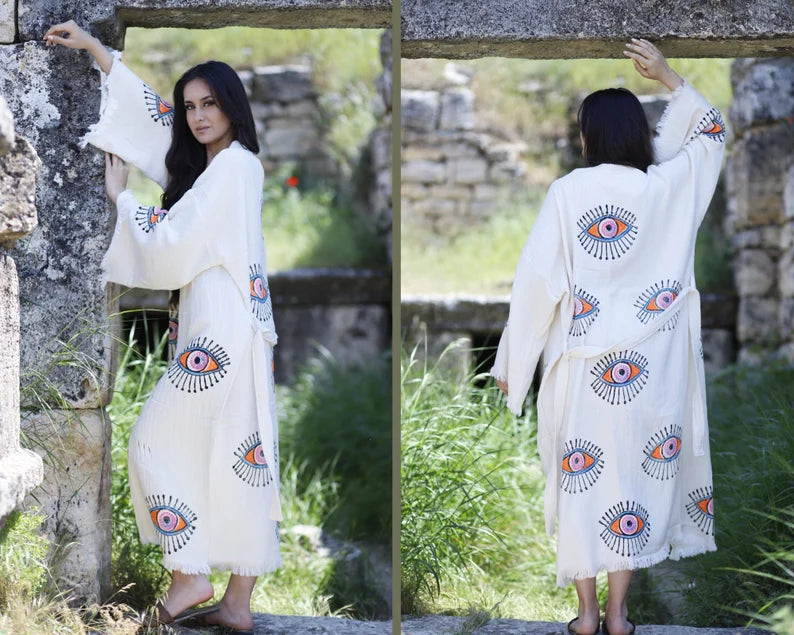 Organic Evil Eye Cotton Robe, Fringes Muslin Kimono, , Cotton Kaftan, Muslin Robe, Stone Printed Robe