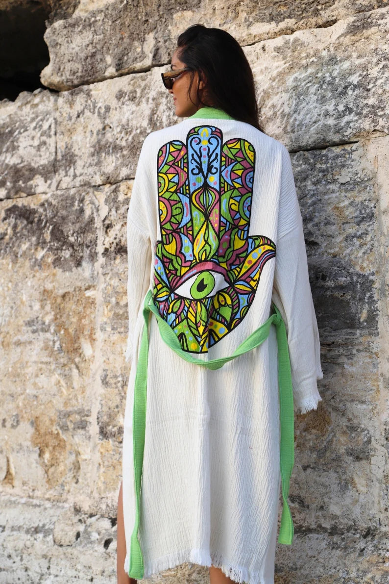 Muslin Yoga Robe, Evil Eye Cotton Robe, Cotton Kaftan, Boho Robe