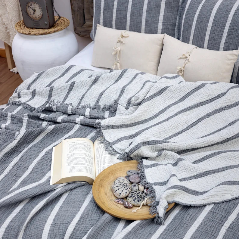 Muslin Cotton Striped Blanket, Linen Bedding Set, Muslin Bedspread, Duvet Cover, Boho Sofa Throw