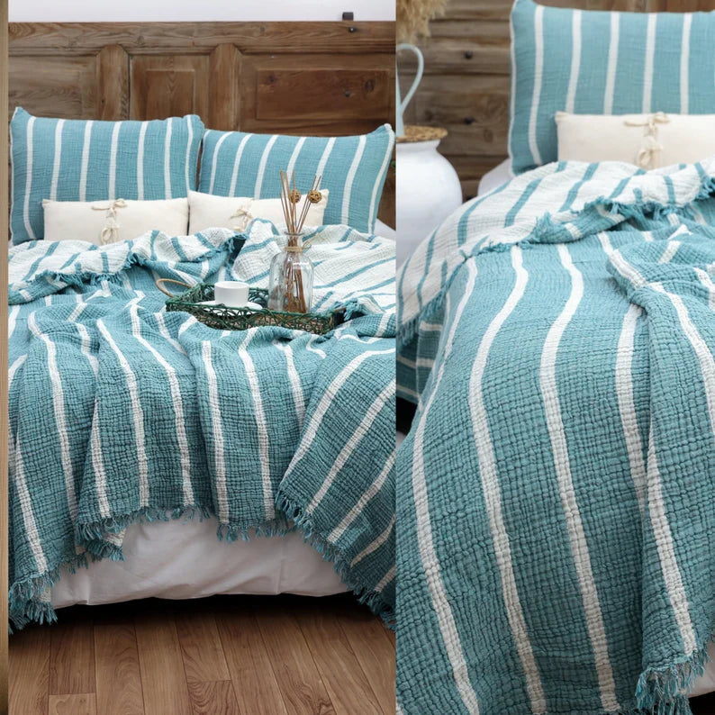 Muslin Cotton Striped Blanket, Linen Bedding Set, Muslin Bedspread, Duvet Cover, Boho Sofa Throw