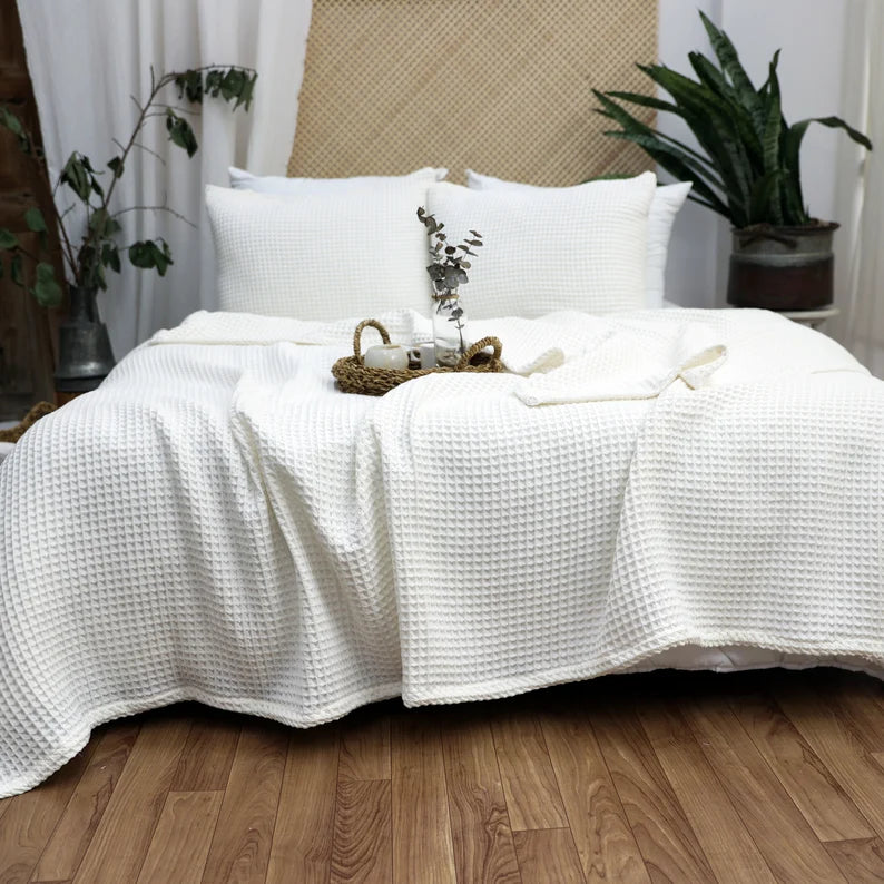 Waffle Cotton Bed Cover, Queen or King Size Bedspread, Soft Bed Throw