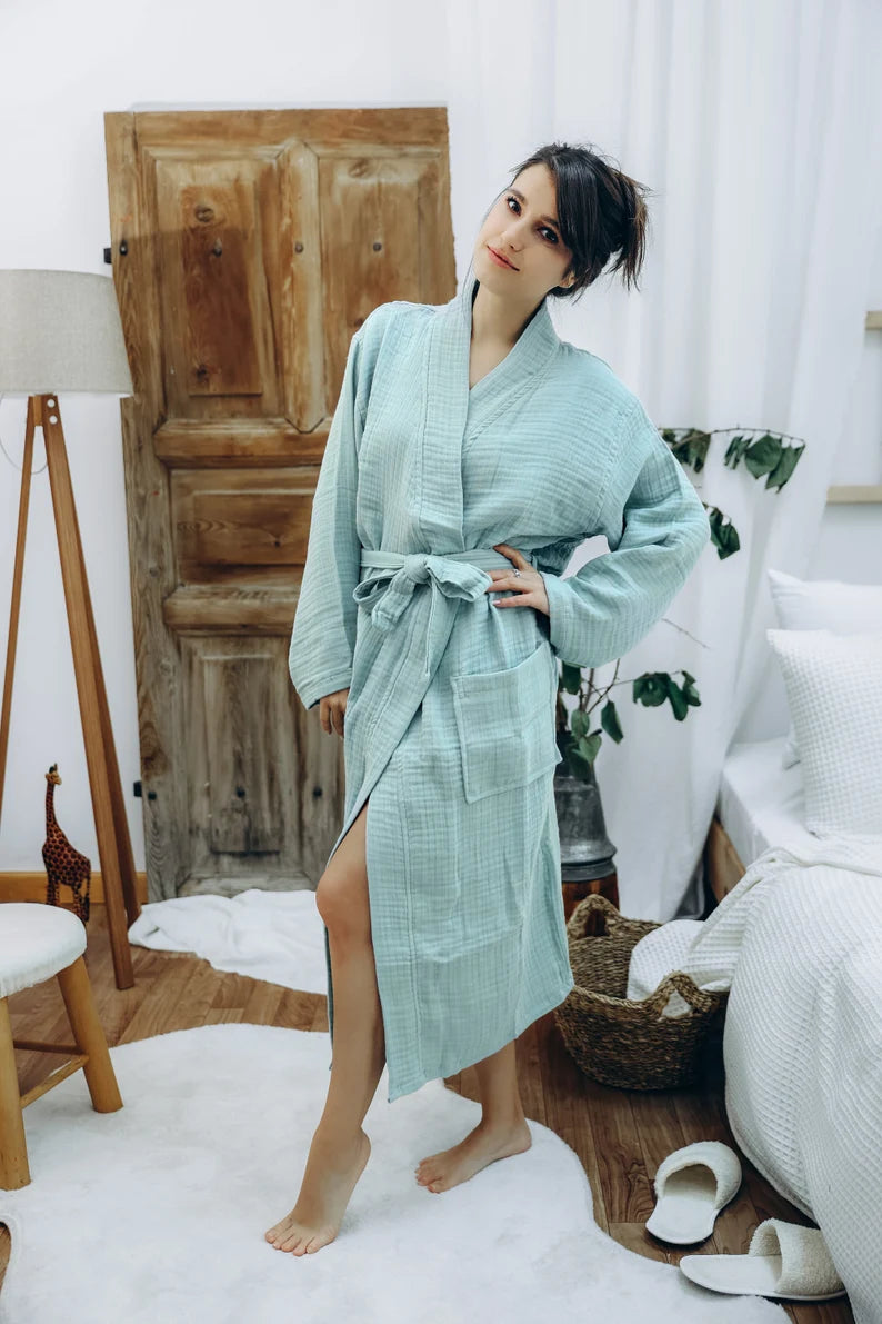 4 Layers Muslin Organic Cotton Robe, Kimono Musselin Bathrobe, Bridesmaid Gift, Soft Bathrobe, Lightweight Robe