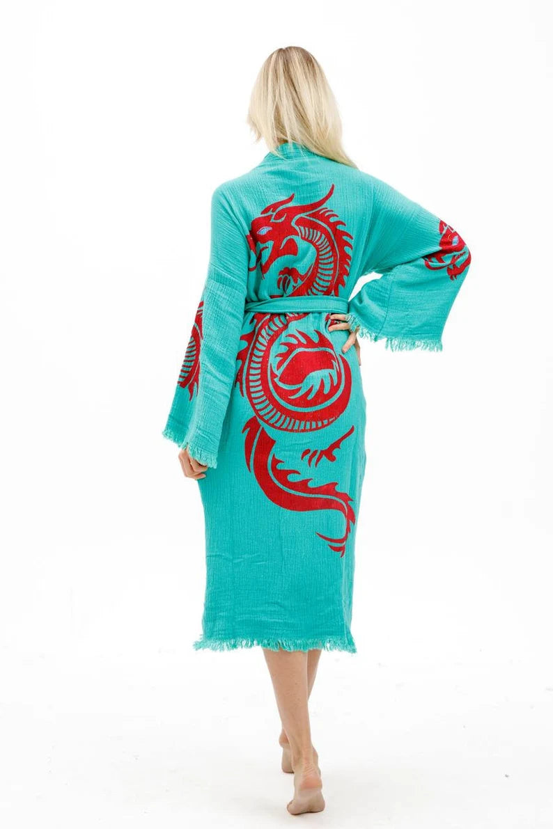 Organic Dragon Muslin Kimono, Dressing Gown, Cotton Robe, Bamboo Caftan