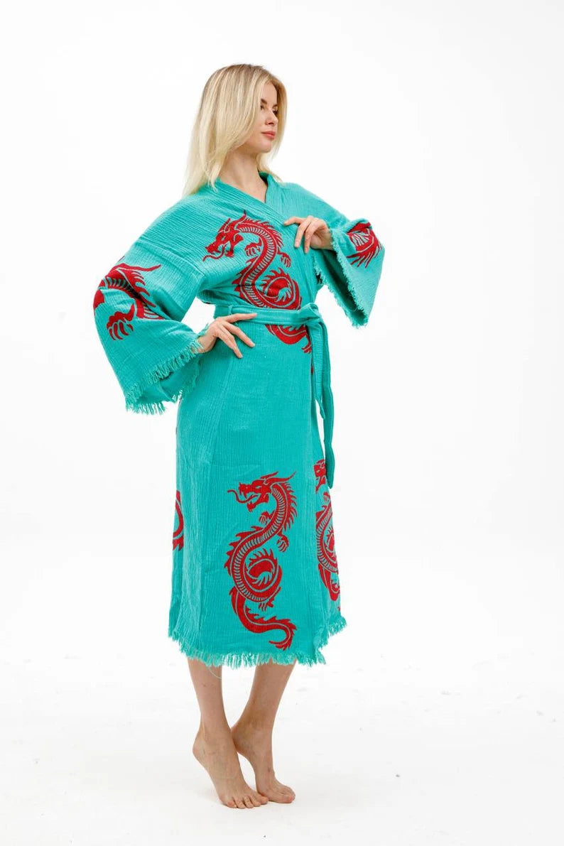 Organic Dragon Muslin Kimono, Dressing Gown, Cotton Robe, Bamboo Caftan