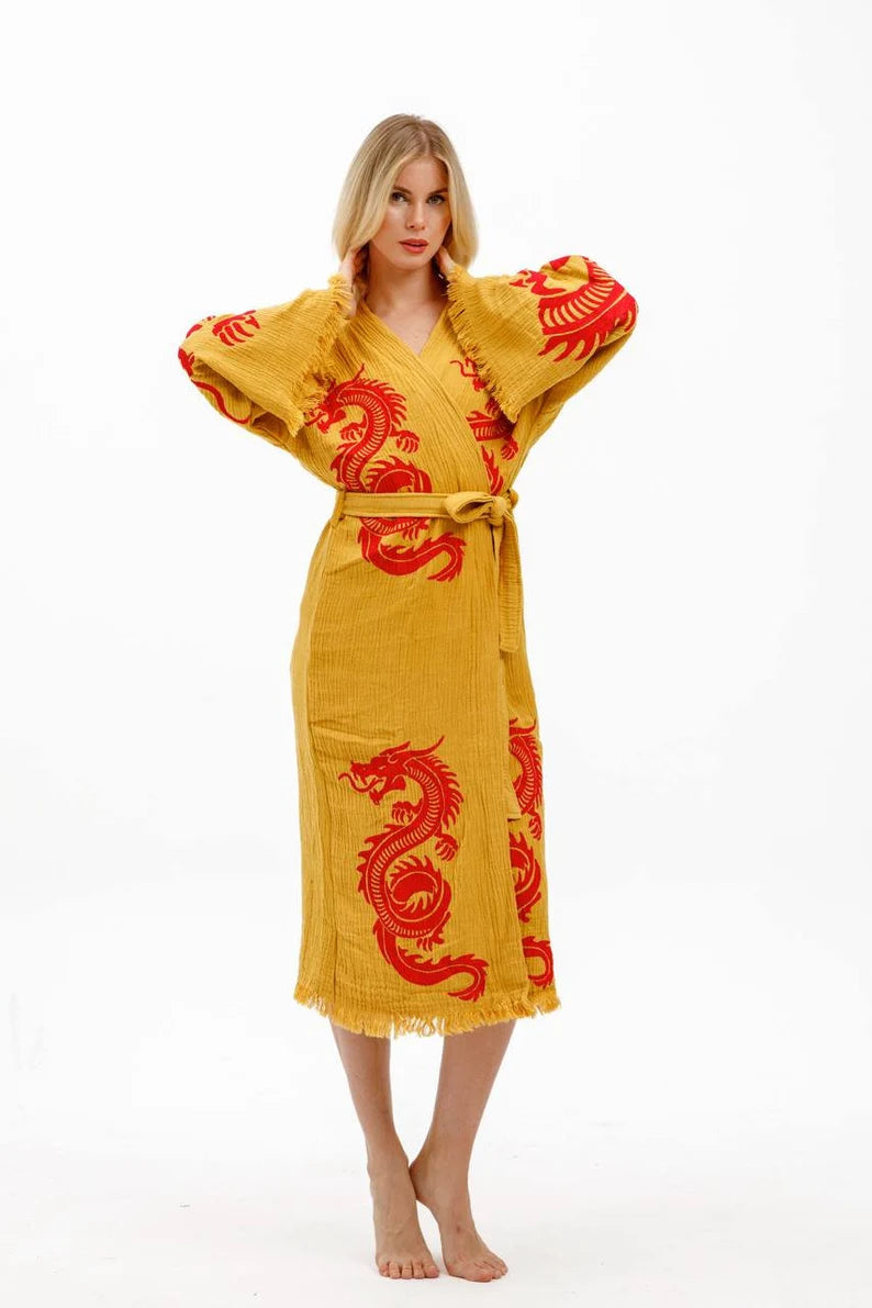 Organic Dragon Muslin Kimono, Dressing Gown, Cotton Robe, Bamboo Caftan