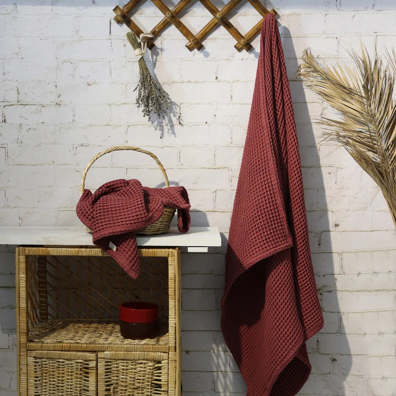 Cherry Waffle Turkish Towel, Luxury Hand or Bath Towel, Unique Housewarming Gift