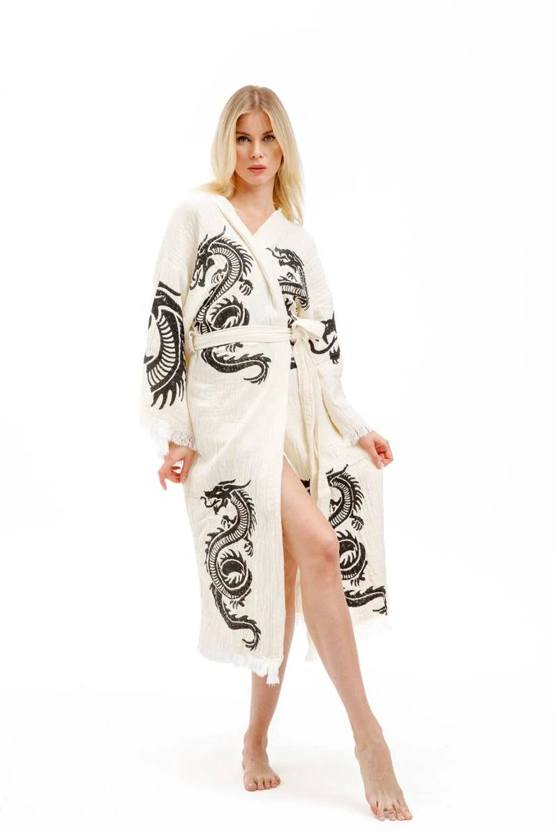 Organic Dragon Muslin Kimono, Dressing Gown, Cotton Robe, Bamboo Caftan