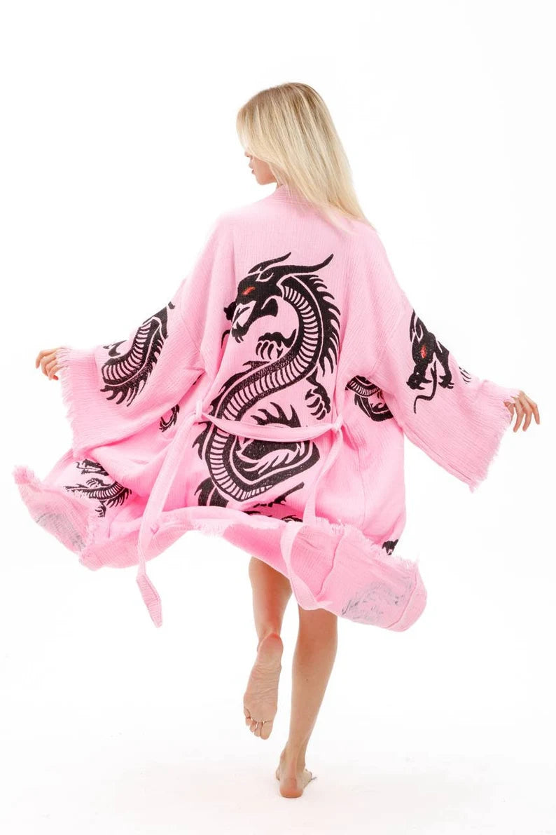 Organic Dragon Muslin Kimono, Dressing Gown, Cotton Robe, Bamboo Caftan