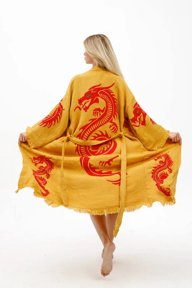 Organic Dragon Muslin Kimono, Dressing Gown, Cotton Robe, Bamboo Caftan