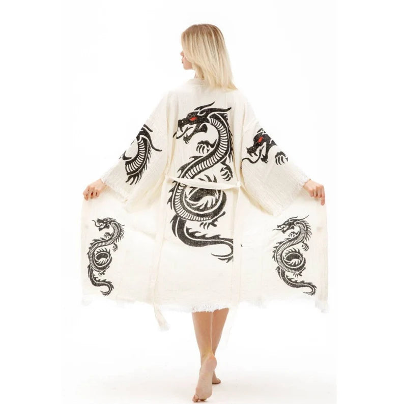 Organic Dragon Muslin Kimono, Dressing Gown, Cotton Robe, Bamboo Caftan