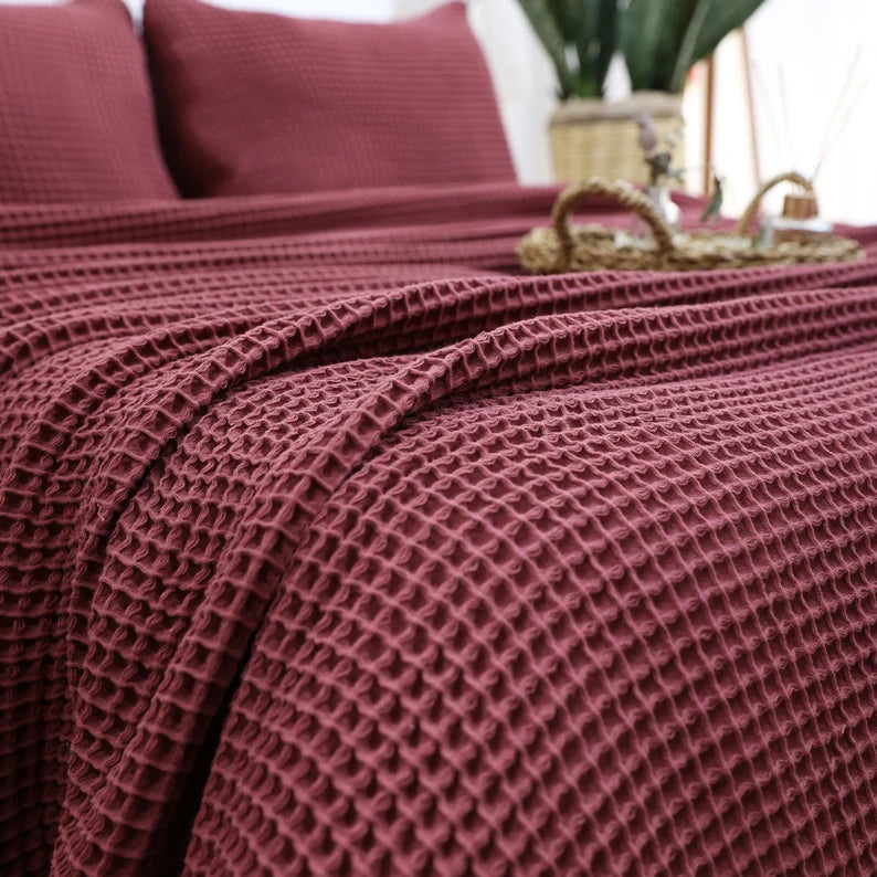 Waffle Cotton Bed Cover, Queen or King Size Bedspread, Soft Bed Throw