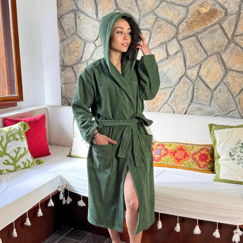 Royal Green Hoodie Cotton Bathrobe, Turkish Cotton Robe, Luxury Bath Wear, Dressing Gown